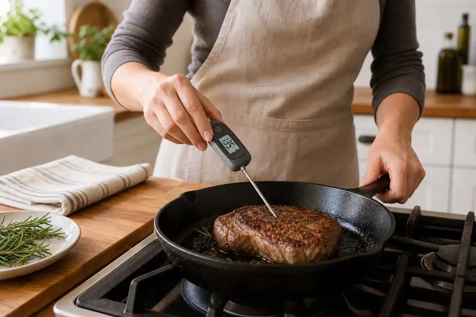 A cook checking meat doneness with an instant-read thermometer